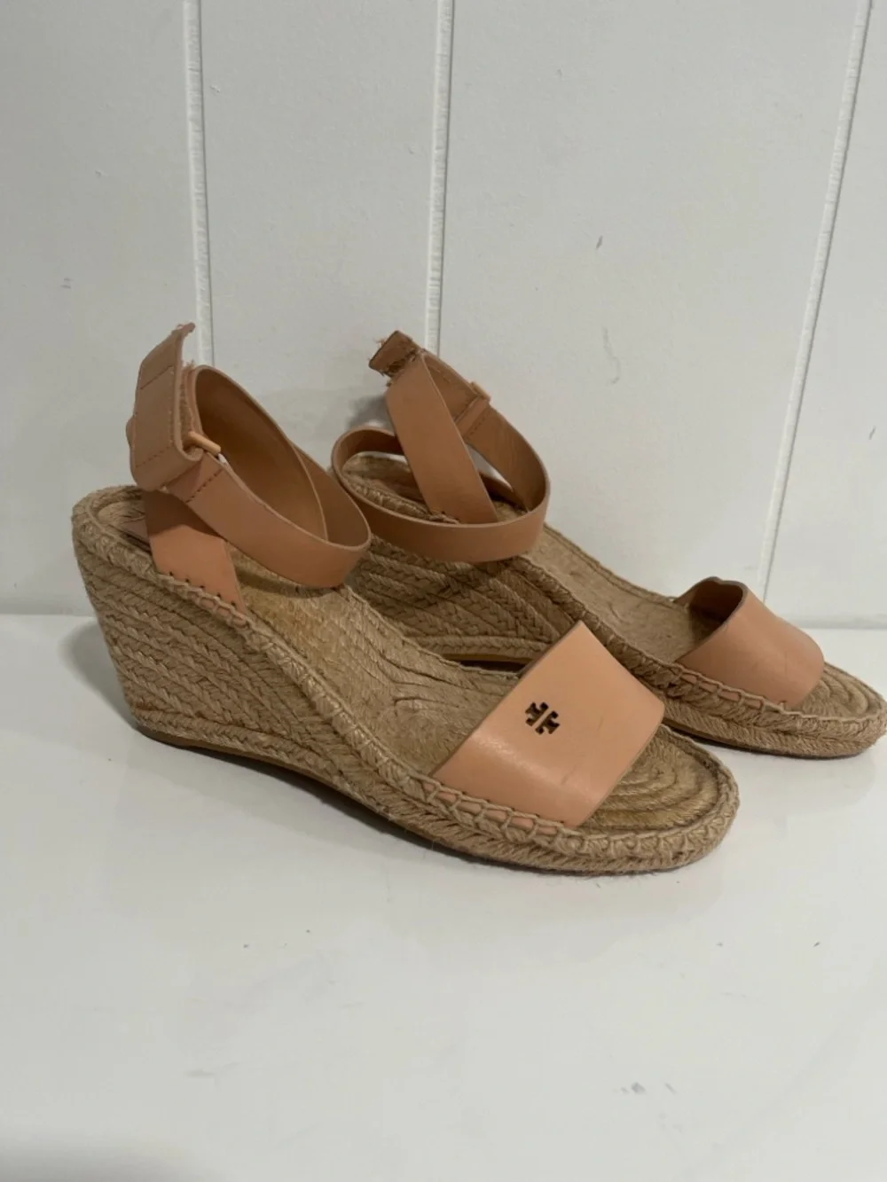 Tory Burch Tan Leather Espadrille Wedge Sandals Ankle Strap 8 Summer Resort Chic
